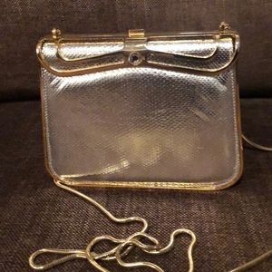 Silver w/gold trim leather skin bag -gold chain